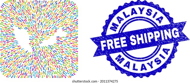 Vector mosaic Malaysia map of emigration arrows and scratched Free Shipping seal. Mosaic Malaysia map created as carved shape from rounded square using emigration arrows.