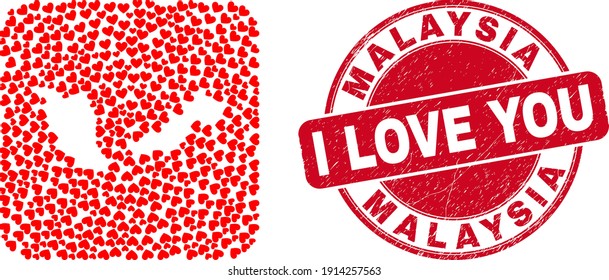 Mapa de Malasia con mosaicos vectoriales de adorables ítems cardíacos y estampado de sellos amosos grunge. Mapa de Malasia geográfico collage diseñado como forma tallada de cuadrado redondeado con corazones amorosos.