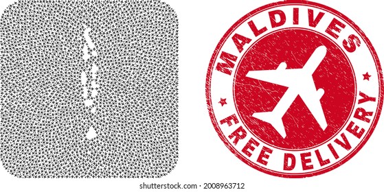 Vector mosaic Maldives map of aviation items and grunge Free Delivery seal. Mosaic geographic Maldives map created as hole from rounded square shape using moving out jet vehicles.