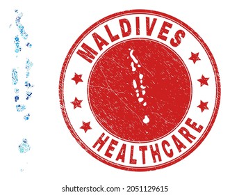 Mosaico vectorial de Maldivas mapa de íconos de vacunación, símbolos de análisis e imitación de caucho de sanidad grunge. Marca de agua roja redonda con textura de caucho grunge y mapa de Maldivas.