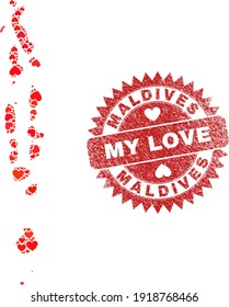 Vector mosaic Maldives map of valentine heart items and grunge My Love seal stamp. Collage geographic Maldives map constructed with love hearts.