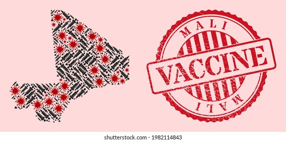 Vector mosaic Mali map of SARS virus, inoculation icons, and red grunge vaccination seal. Virus particles and inoculation items inside Mali map. Red seal with grunge rubber texture and vaccine tag.