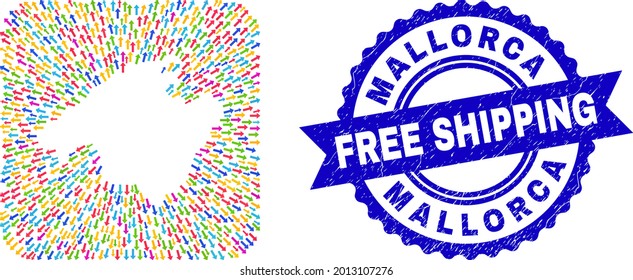 Vector mosaic Mallorca map of arrows and grunge Free Shipping seal. Collage Mallorca map designed as carved shape from rounded square shape with pointing arrows.