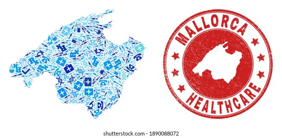 Vector mosaic Mallorca map with syringe icons, medicine symbols, and grunge health care seal stamp. Red round stamp with grunge rubber texture and Mallorca map text and map.