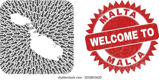 Vector mosaic Malta map of immigration arrows and grunge Welcome badge. Mosaic geographic Malta map constructed as carved shape from rounded square shape with pointer arrows.