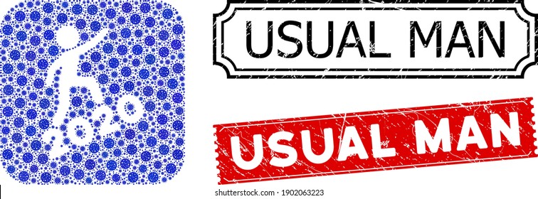 Hombre de mosaico vectorial escalando el 2020 y grunge sellos de Hombre Habitual. Hombre mosaico trepando 2020 construido como esténcil de cuadrado redondeado con iconos azules de la bacila.
