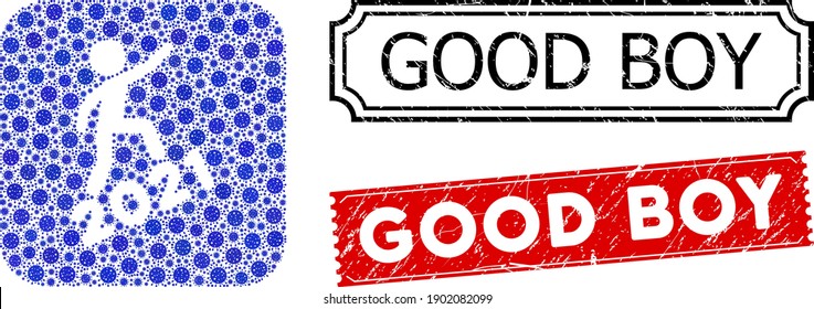 Vector mosaic man climbing 2021 and grunge Good Boy seals. Mosaic man climbing 2021 created as hole from rounded square with blue virulent icons.