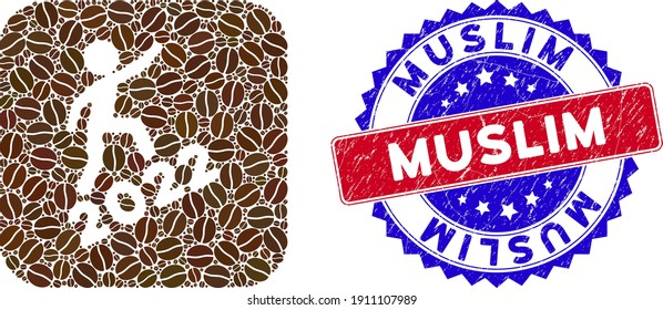 Hombre de mosaico vectorial escalando 2022 y sello musulmán bicolor grunge. Hombre mosaico trepando 2022 construido como esténcil de cuadrado redondeado con granos de cacao.