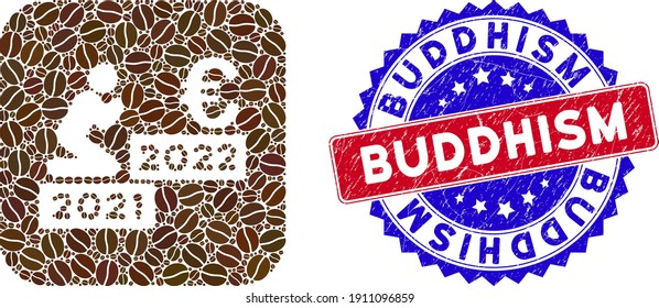Vector mosaic man pray euro 2022 and grunge bicolor Buddhism stamp. Mosaic man pray euro 2022 created as carved shape from rounded square with cocoa grain.