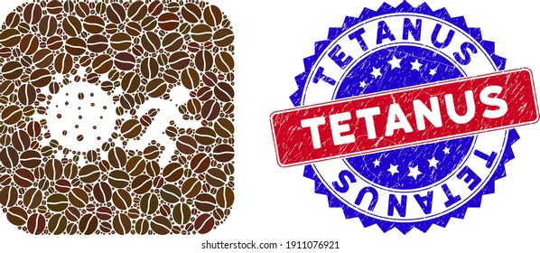 Vector mosaic man run away covid and grunge bicolor Tetanus seal stamp. Mosaic man run away covid created as hole from rounded square with cocoa seeds.