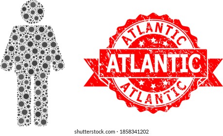 Vector mosaic man of SARS virus, and Atlantic grunge ribbon watermark. Virus cells inside man mosaic. Red stamp contains Atlantic caption inside ribbon.