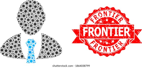Vector mosaic manager of SARS virus, and Frontier textured ribbon stamp. Virus particles inside manager composition. Red stamp seal includes Frontier tag inside ribbon.
