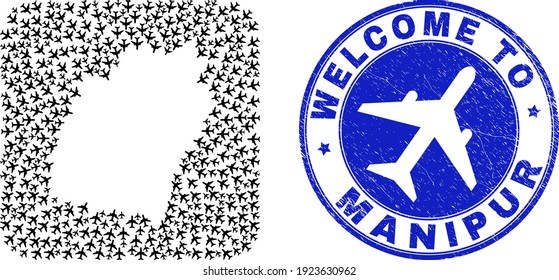 Vector mosaic Manipur State map of aviation elements and grunge Welcome badge. Mosaic geographic Manipur State map created as carved shape from rounded square shape with air trips.