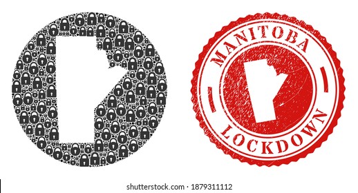 Vector mosaic Manitoba Province map of locks and grunge LOCKDOWN seal stamp. Mosaic geographic Manitoba Province map designed as hole from circle with black locks.