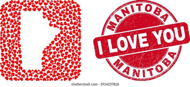 Vector mosaic Manitoba Province map of love heart items and grunge love stamp. Mosaic geographic Manitoba Province map created as hole from rounded square shape with valentine hearts.