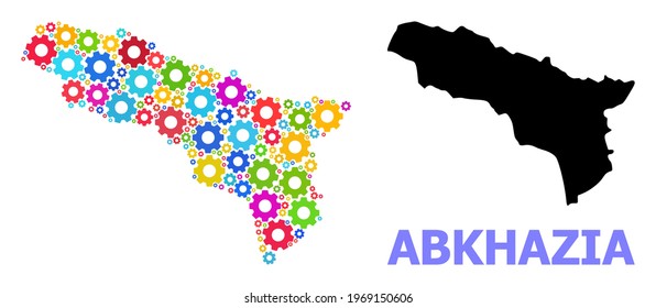 Vector mosaic map of Abkhazia combined for industrial apps. Mosaic map of Abkhazia is done of randomized bright gears. Engineering components in bright colors.