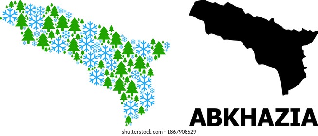 Vector mosaic map of Abkhazia created for New Year, Christmas, and winter. Mosaic map of Abkhazia is organized with snow and fir forest.