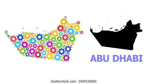 Vector mosaic map of Abu Dhabi Emirate designed for engineering. Mosaic map of Abu Dhabi Emirate is done of scattered colored cogs. Engineering items in bright colors.