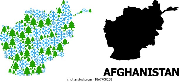 Vektor-Mosaik-Karte von Afghanistan für Neujahr, Weihnachten und Winter geschaffen. Die Mosaikkarte Afghanistans besteht aus Schneeflocken und Tannenbäumen.