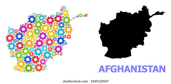 Vector mosaic map of Afghanistan created for engineering. Mosaic map of Afghanistan is constructed from random bright cogs. Engineering components in bright colors.