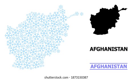 Vector mosaic map of Afghanistan done for New Year, Christmas celebration, and winter. Mosaic map of Afghanistan is composed from light blue snowflakes.