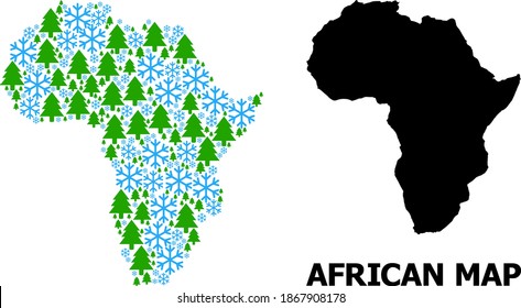 Vector mosaic map of Africa designed for New Year, Christmas, and winter. Mosaic map of Africa is designed of snow and fir-trees. Winter related items are arranged into abstract mosaic map of Africa.