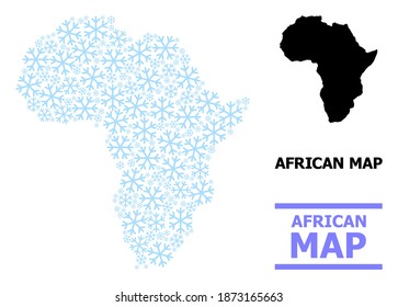 Mapa de mosaicos vectoriales de África para Año Nuevo, celebración de Navidad e invierno. El mapa mosaico de África está hecho de elementos de nieve azul claro. Plantilla de diseño para fines patrióticos y de Año Nuevo.