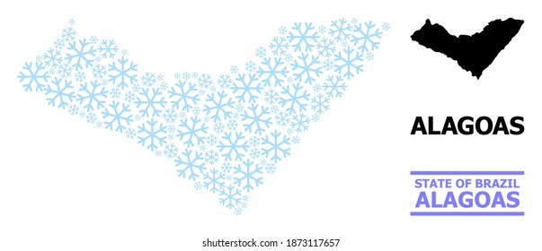 Vector mosaic map of Alagoas State designed for New Year, Christmas celebration, and winter. Mosaic map of Alagoas State is designed from light blue snow items.