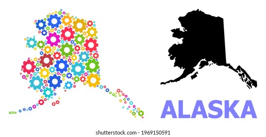 Vector mosaic map of Alaska State constructed for engineering. Mosaic map of Alaska State is done with random bright wheels. Engineering items in bright colors.