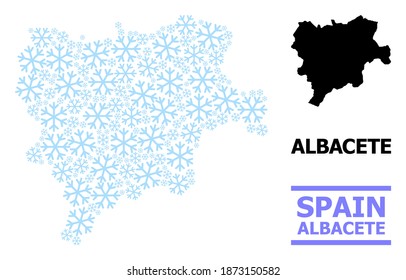 Vector mosaic map of Albacete Province organized for New Year, Christmas celebration, and winter. Mosaic map of Albacete Province is done with light blue snow elements.