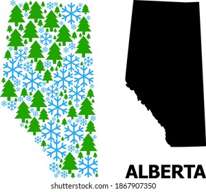 Vector mosaic map of Alberta Province designed for New Year, Christmas, and winter. Mosaic map of Alberta Province is formed with snow and fir trees.