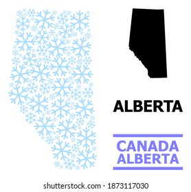 Mapa vectorial de mosaico de la provincia de Alberta combinado para Año Nuevo, Navidad y invierno. El mapa mosaico de la provincia de Alberta está organizado de copos de nieve azul claro.