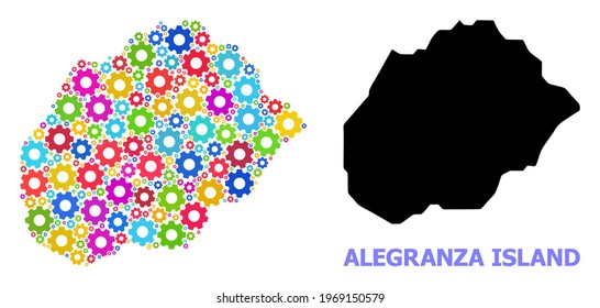 Vector mosaic map of Alegranza Island designed for workshops. Mosaic map of Alegranza Island is made of scattered bright gear wheels. Engineering items in bright colors.