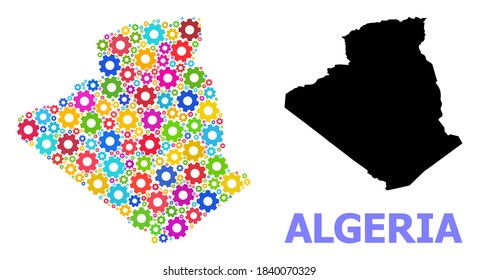 Mapa de mosaicos vectoriales de Argelia creado para la mecánica. El mapa mosaico de Argelia está hecho con ruedas de engranajes brillantes dispersas. Componentes de ingeniería en colores brillantes.