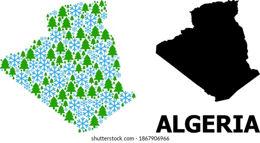 Vector mosaic map of Algeria designed for New Year, Christmas, and winter. Mosaic map of Algeria is designed of snow flakes and fir-trees.