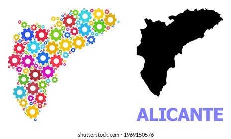 Vector mosaic map of Alicante Province done for engineering. Mosaic map of Alicante Province is formed from scattered bright cogs. Engineering items in bright colors.