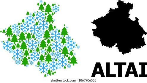 Vector mosaic map of Altai Republic designed for New Year, Christmas, and winter. Mosaic map of Altai Republic is designed from snow flakes and fir forest.