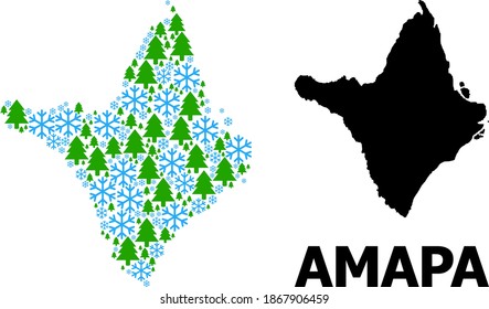 Vector mosaic map of Amapa state designed for New Year, Christmas, and winter. Mosaic map of Amapa state is created with snow flakes and fir trees.