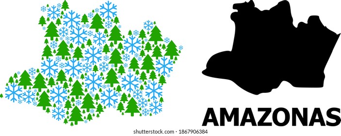 Vector mosaic map of Amazonas State created for New Year, Christmas, and winter. Mosaic map of Amazonas State is created of snow flakes and fir trees.