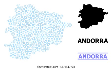 Vector mosaic map of Andorra created for New Year, Christmas celebration, and winter. Mosaic map of Andorra is designed from light blue snowflakes. Design template for patriotic and New Year posters.