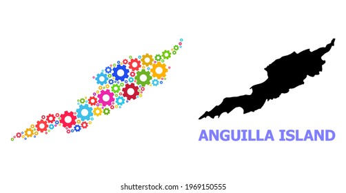 Vector mosaic map of Anguilla Island organized for engineering. Mosaic map of Anguilla Island is designed with scattered multi-colored wheels. Engineering components in bright colors.