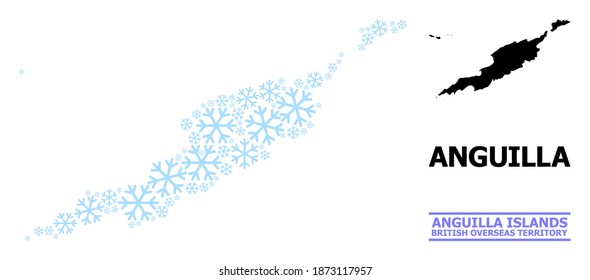 Mapa vectorial de mosaicos de las islas Anguila construido para Año Nuevo, Navidad y invierno. El mapa mosaico de las islas Anguila está construido con partes de nieve azul claro.