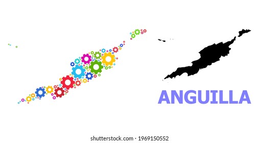 Vector mosaic map of Anguilla Islands created for services. Mosaic map of Anguilla Islands is organized of random bright gears. Engineering items in bright colors.