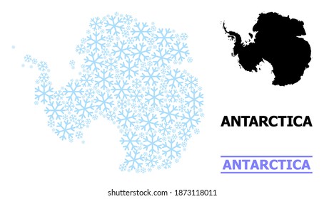Mapa vectorial de mosaicos de la Antártida combinado para Año Nuevo, celebración de Navidad e invierno. El mapa mosaico de la Antártida se crea a partir de elementos de nieve azul claro.