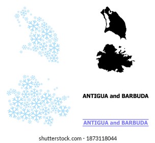 Vector mosaic map of Antigua and Barbuda done for New Year, Christmas celebration, and winter. Mosaic map of Antigua and Barbuda is done of light blue ice crystals.