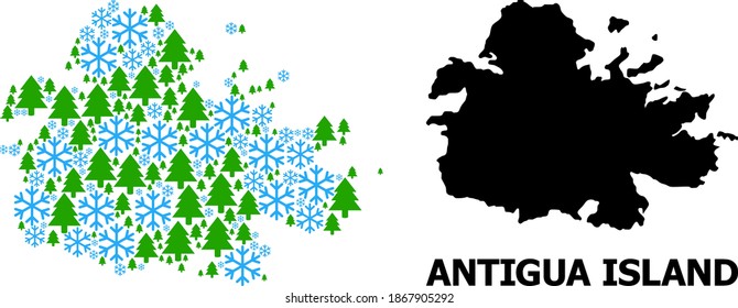 Vektor-Mosaik-Karte der Antigua Insel für Neujahr, Weihnachten und Winter konstruiert. Die Mosaikkarte der Insel Antigua ist mit Schneeflocken und Tannenbäumen gebaut.