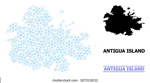 Mapa vectorial de mosaico de la isla de Antigua organizado para Año Nuevo, celebración de Navidad e invierno. El mapa mosaico de la isla de Antigua está formado por íconos de nieve azul claro.