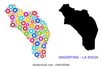 Vector mosaic map of Argentina - La Rioja combined for engineering. Mosaic map of Argentina - La Rioja is composed from randomized bright gears. Engineering items in bright colors.