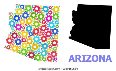 Mapa de mosaicos vectoriales del estado de Arizona organizado para mecánica. El mapa mosaico del estado de Arizona se compone de ruedas de engranajes brillantes dispersas. Componentes de ingeniería en colores brillantes.