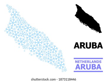 Vector mosaic map of Aruba Island created for New Year, Christmas celebration, and winter. Mosaic map of Aruba Island is created with light blue snow items.